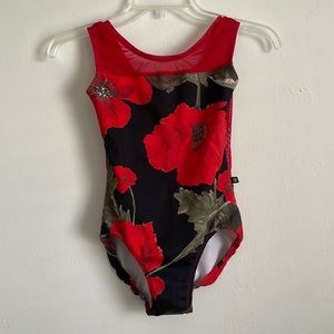 Luckyleo leotard (NO LONGER BEING SOLD) poppy print with red mesh